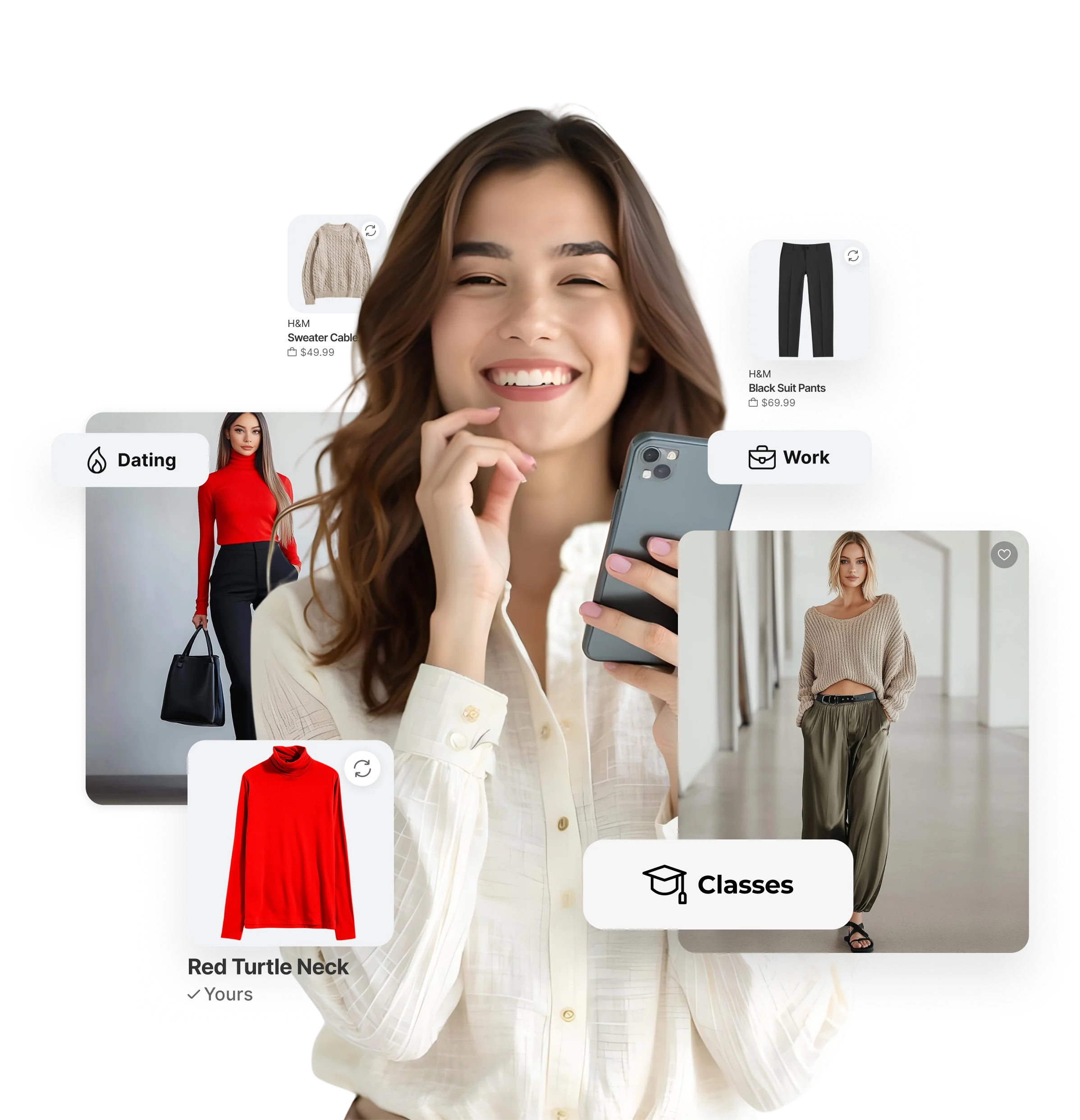 AI stylist interface showing outfit suggestions built from your wardrobe
