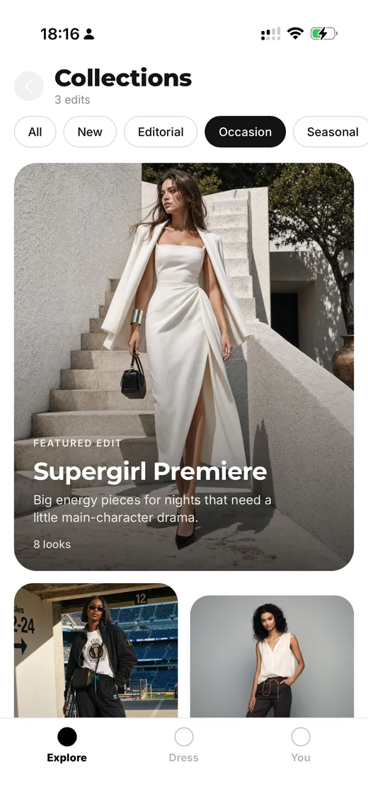 Collections tab filtered by occasion — weekly drops like Supergirl Premiere and World Cup Game Day