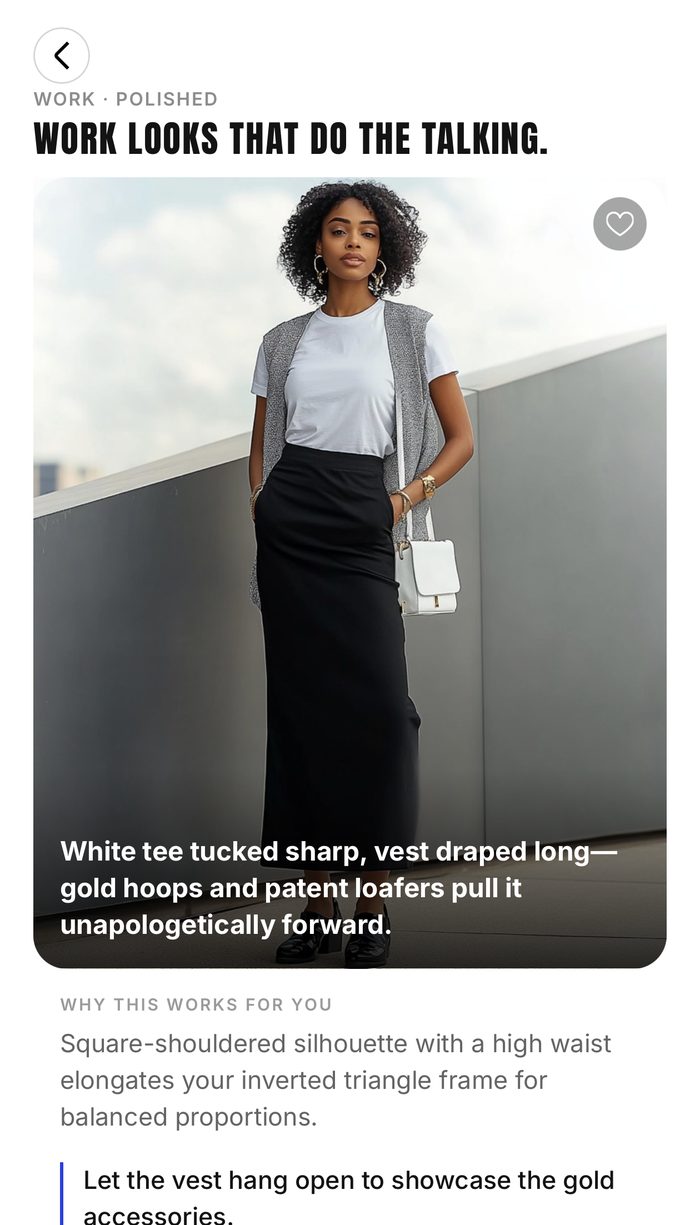 Stylin Dress tab — a recommended outfit with a note on why it works for you