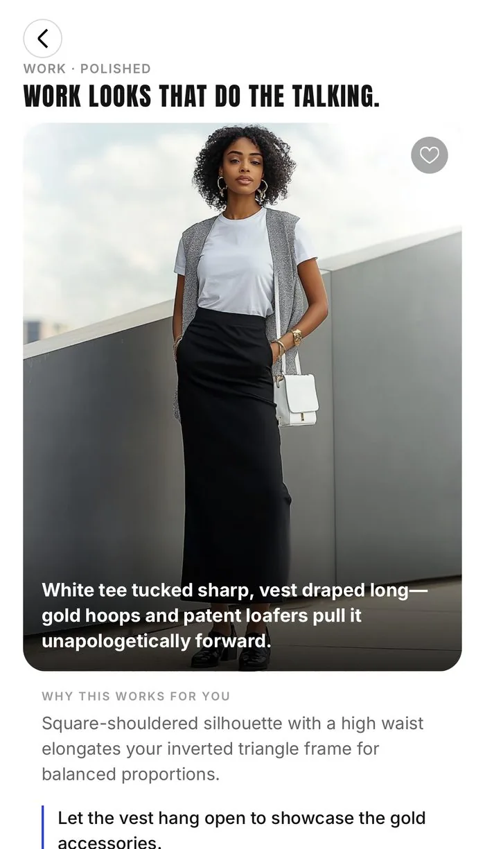 Stylin Dress tab — a recommended outfit with a note on why it works for you