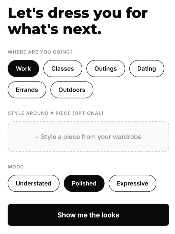 Occasion and mood picker for instant outfit feed generation