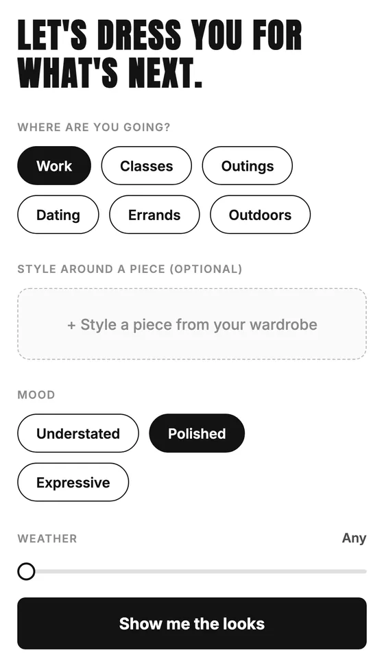 Choosing an occasion in Stylin and getting an outfit built from your own clothes