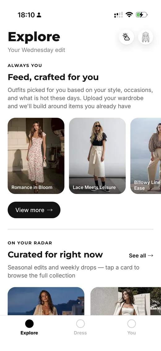 Stylin Explore tab — your Wednesday edit, a feed of full outfits crafted for you