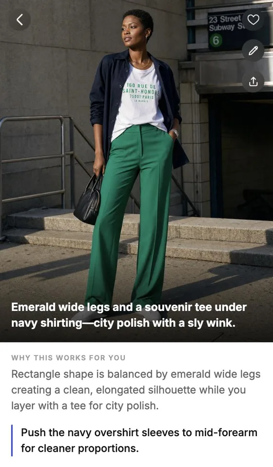 A Stylin look page: the full outfit photo, a one-line caption, why this works for you and a styling tip