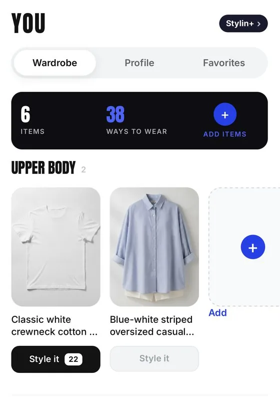 Your wardrobe list with a Style it button beside each saved piece