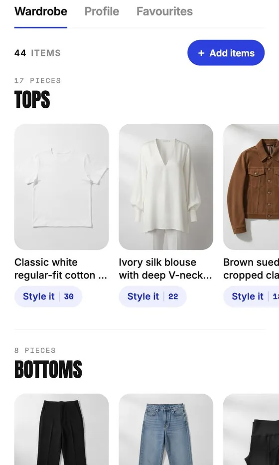 Your Stylin wardrobe: tops and bottoms in rows, each saved piece with a Style it button and its look count
