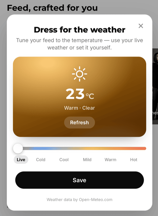 Live weather temperature control for outfit feed
