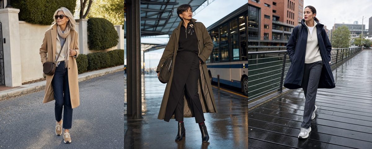 Three autumn outfits: a camel coat with dark denim, an olive trench over black, and a long navy coat over a cream half-zip