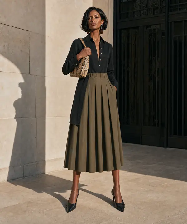 Sample look Vertical Goldline Ease: longline shirt, Pleated midi skirt, Pointed pumps and mini bag, shown on a rectangle body shape