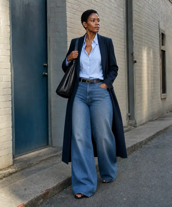 Sample look Car-Coat Denim Length: car coat, Fitted shirt, Wide jeans and flat sandals, shown on a pear body shape