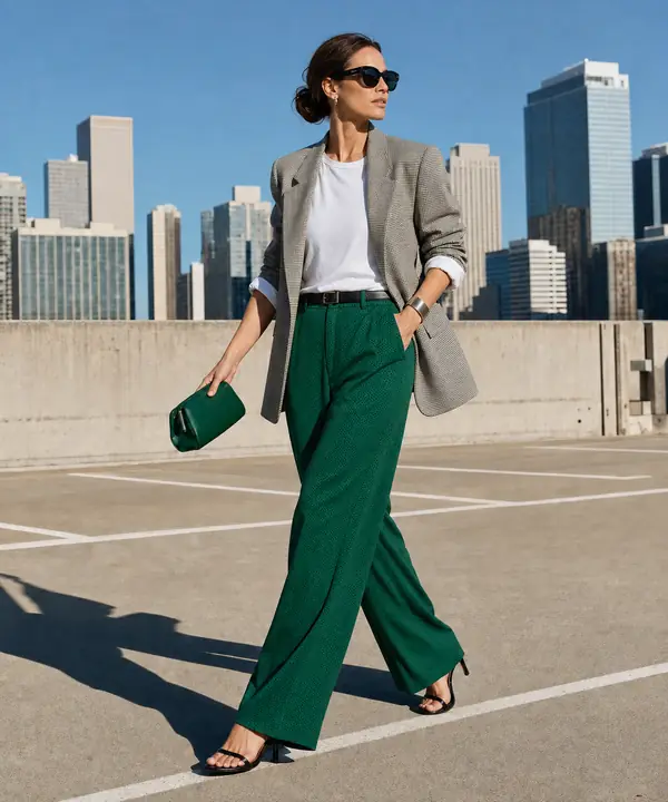 Sample look Emerald Track Tailoring: check blazer, White tee, Track trousers and heeled sandals, shown on a hourglass body shape