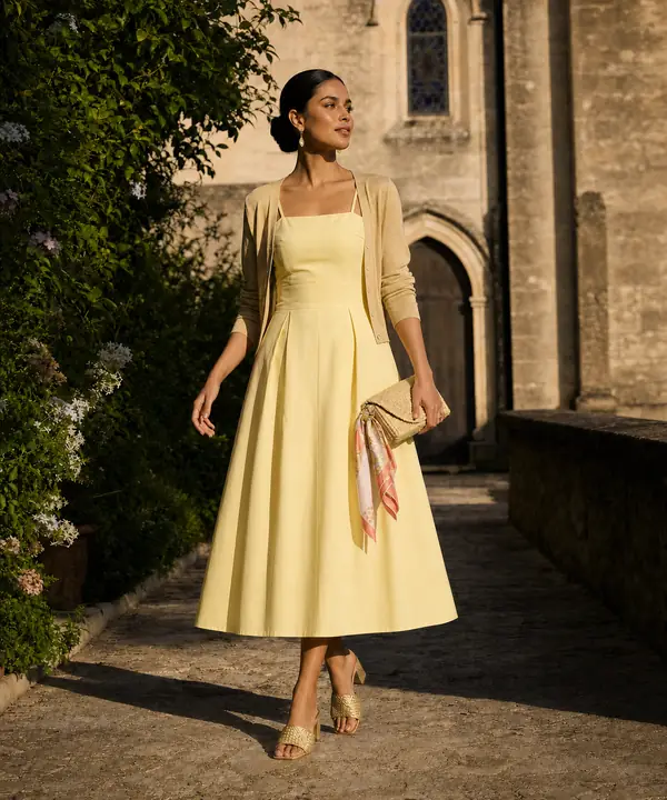 Sample look Sunlit Butter Poplin Midi: poplin midi dress, Cropped cardigan, Block-heel mules and raffia clutch, shown on an oval body shape