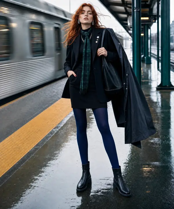 Sample look Cobalt-Tight Blazer Mini: wool blazer, Mock-neck knit, Mini skirt and cobalt tights, shown on an inverted triangle body shape