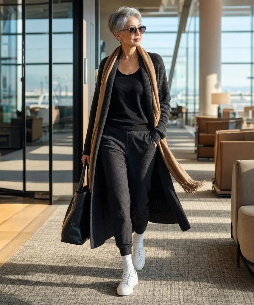A long black coat over a black top and black joggers with an oversized camel scarf, a black tote and white trainers