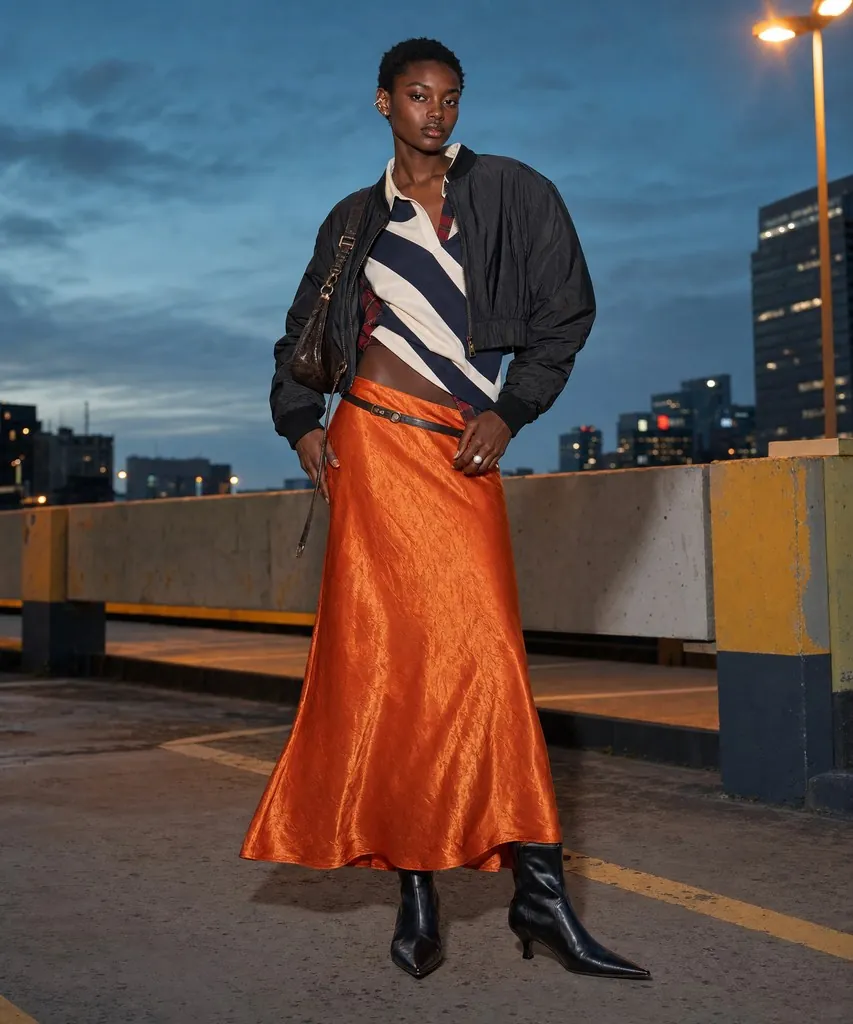 A cropped black bomber over a striped top with an orange satin maxi skirt and pointed black ankle boots