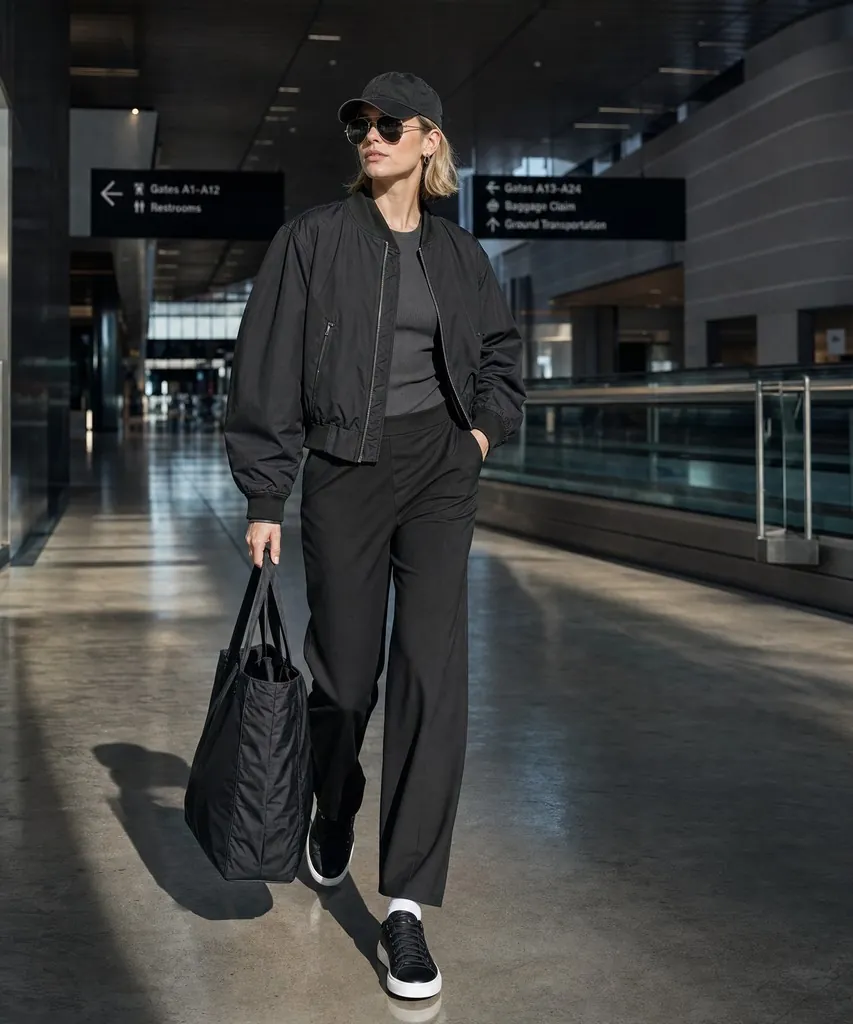 A black bomber jacket over a grey top with black wide-leg trousers, a black cap, white socks and black trainers