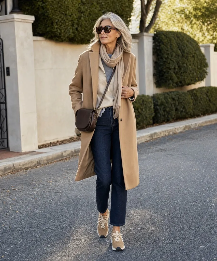 A long camel coat over a cream knit with a beige scarf, dark straight-leg jeans, a brown crossbody bag and beige trainers