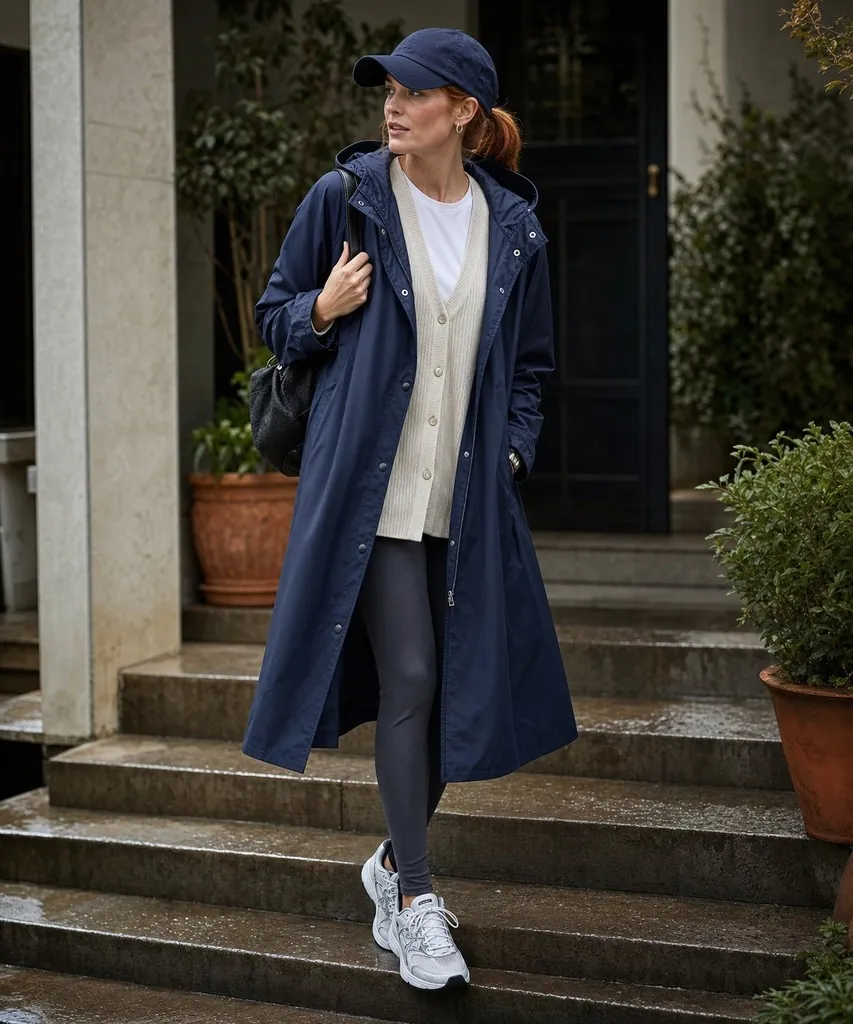 A long navy raincoat over a cream cardigan and white tee with grey leggings, a navy cap and white trainers