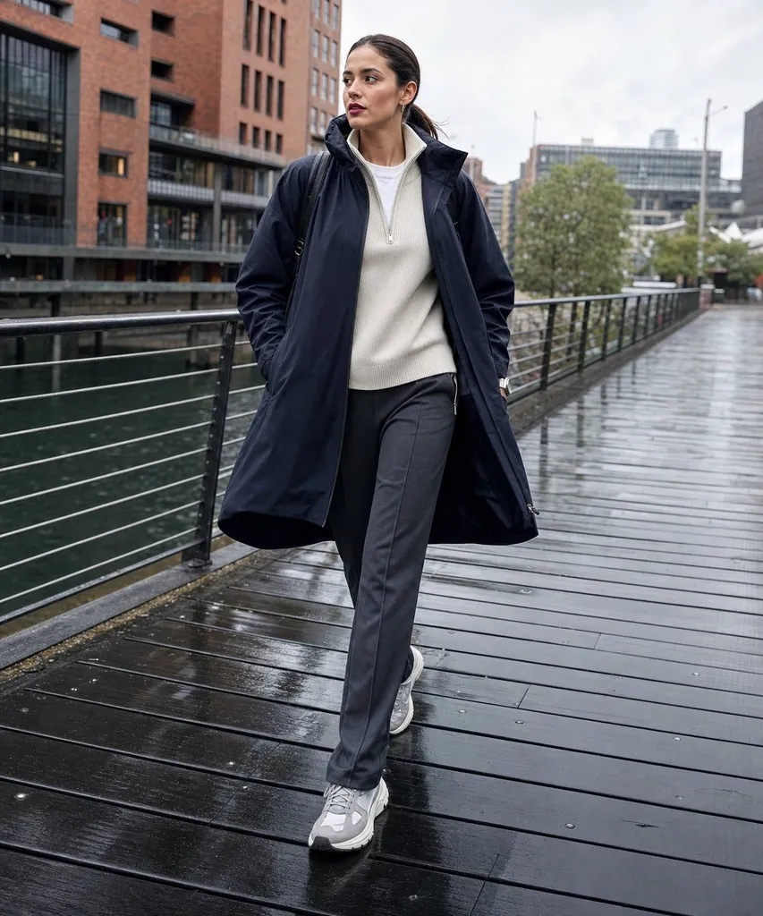A long navy hooded coat over a cream half-zip jumper and white tee with charcoal straight trousers and grey trainers