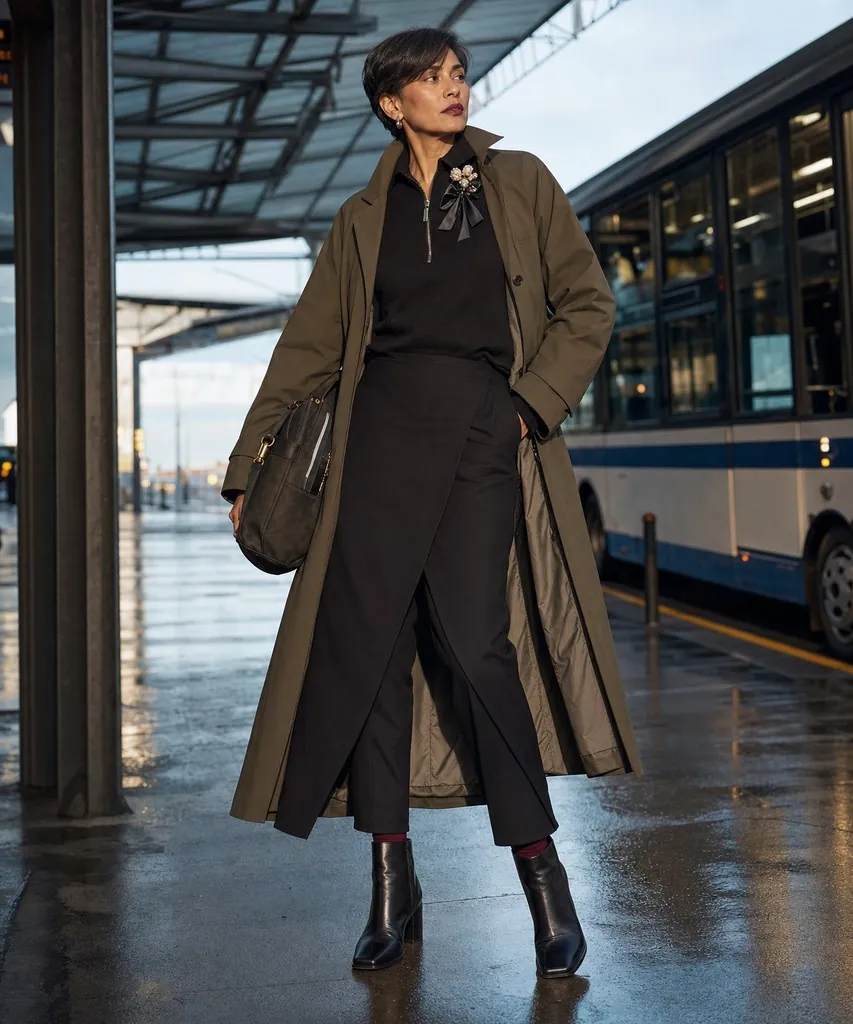 An open olive trench coat over a black high-neck top and black wrap trousers, with black ankle boots, a brooch and burgundy socks