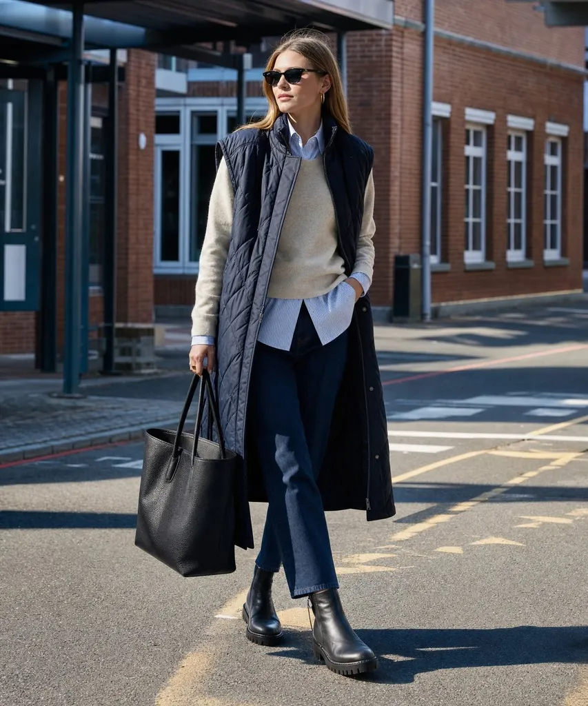 A long navy quilted gilet over a cream jumper and blue striped shirt with dark jeans, black ankle boots and a black tote bag
