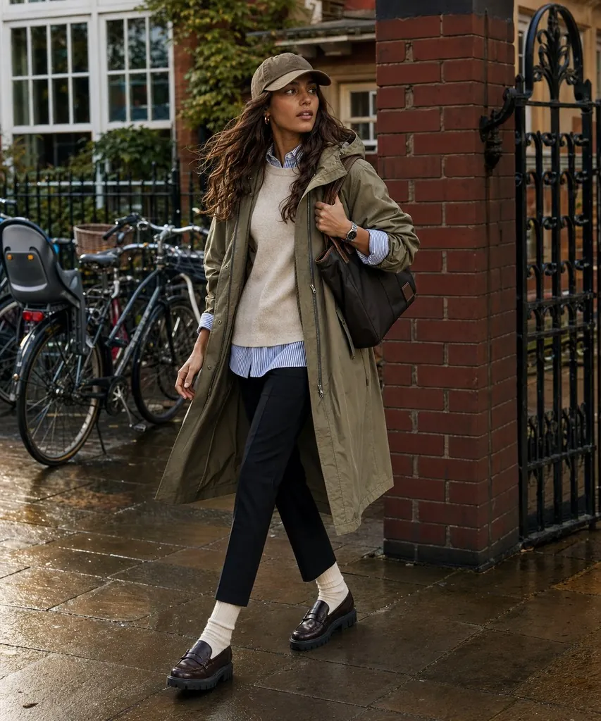 An olive trench coat worn open over a striped shirt and cream knit vest with dark trousers, loafers and white socks