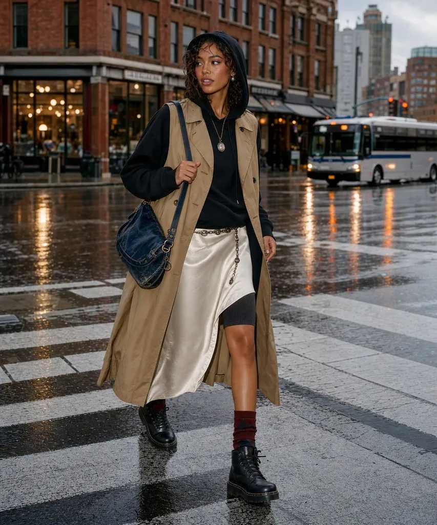 A champagne satin midi skirt with a black hooded top, a sleeveless camel trench, burgundy socks and black lace-up boots