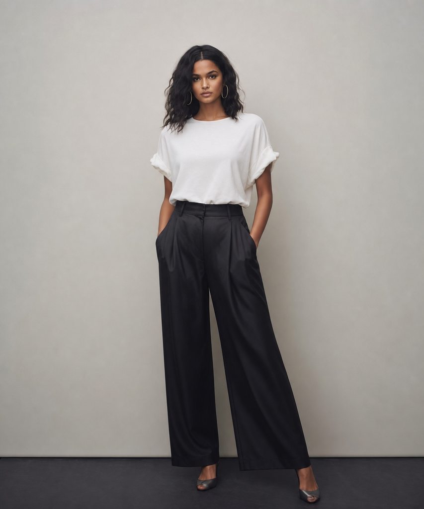 Outfit demonstrating an inverted-triangle-flattering silhouette — a clean, uncluttered top balancing a fuller wide-leg lower body