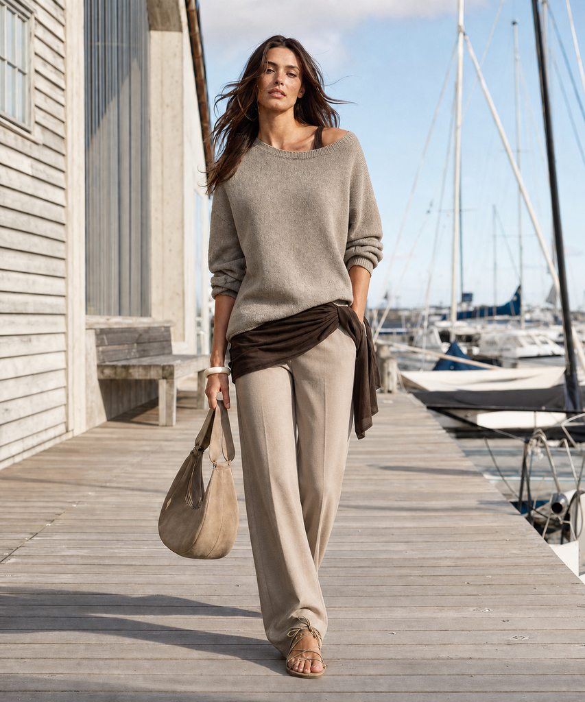 A full, textured skirt adding volume to the lower body to balance broad shoulders on an inverted triangle figure