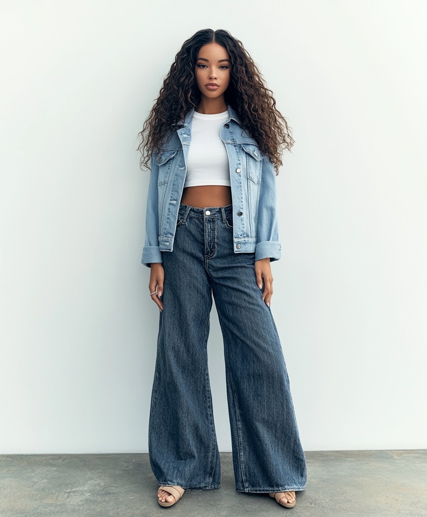 Casual outfit: denim jacket layered over white crop top with wide-leg jeans