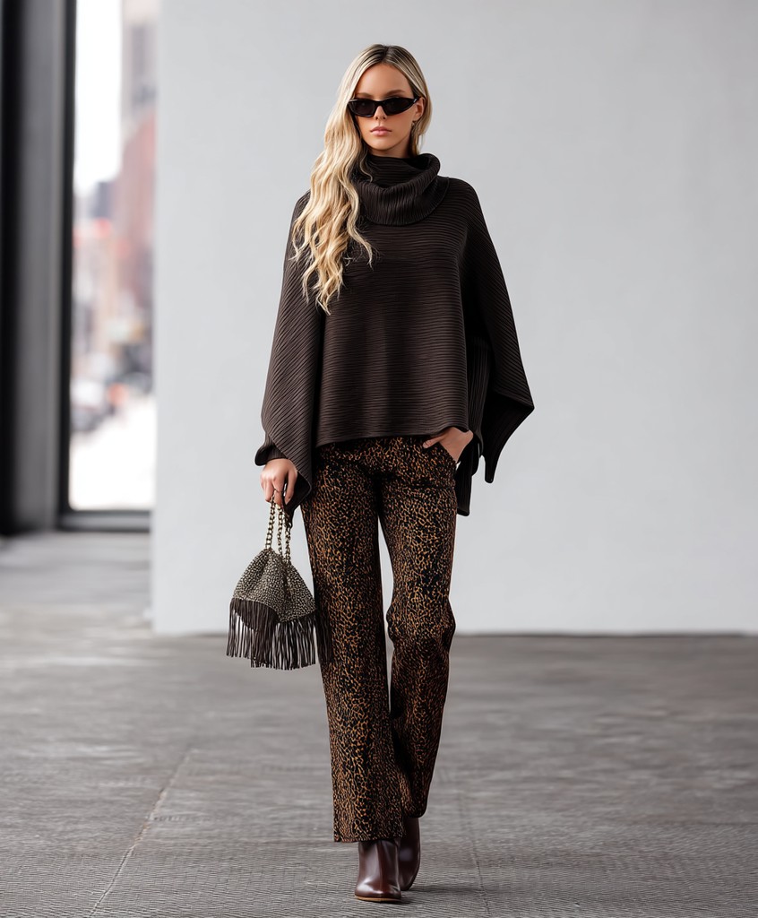 Street style outfit: brown ribbed poncho with leopard print trousers