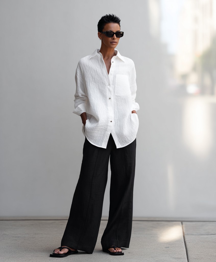 Minimal outfit: white linen oversized shirt with wide-leg black trousers