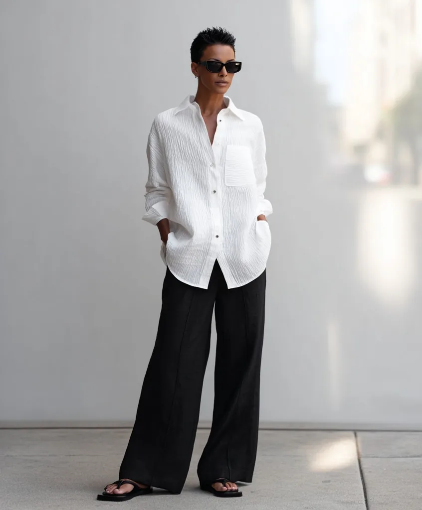 Minimal outfit: white linen oversized shirt with wide-leg black trousers