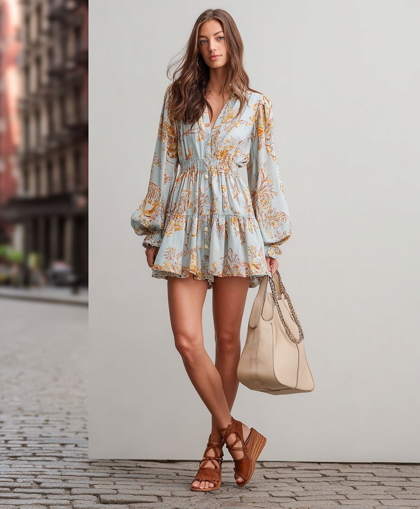 Summer outfit: floral blue mini dress with brown wedge sandals