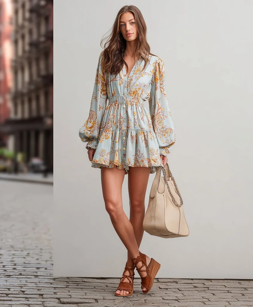 Summer outfit: floral blue mini dress with brown wedge sandals