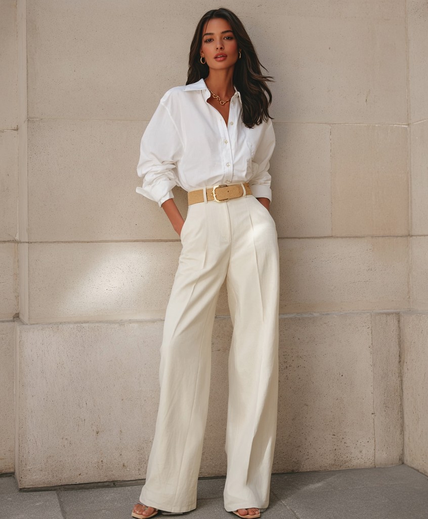 Classic outfit: white button-down shirt with cream wide-leg trousers and a belt