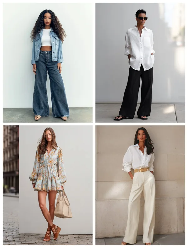 A grid of complete styled outfits on models