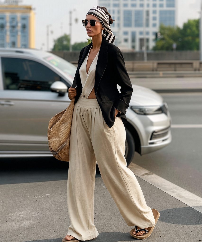 Outfit demonstrating a pear-flattering silhouette — defined waist with a structured shoulder balancing fuller hips