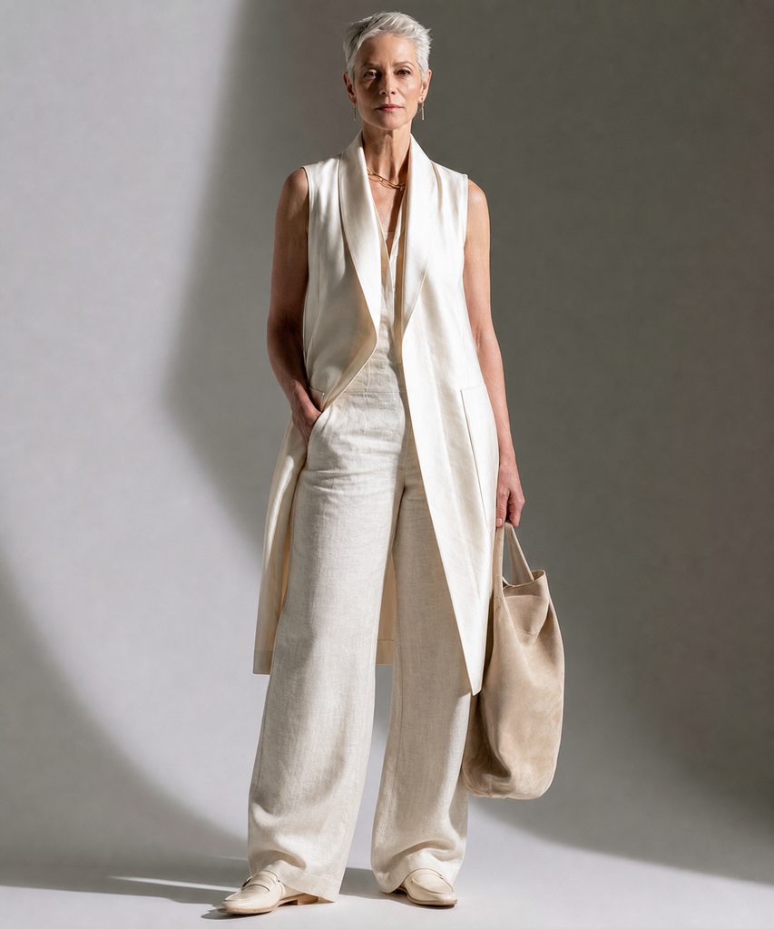 A tonal, matte column outfit creating a long clean line from waist to floor on a pear figure