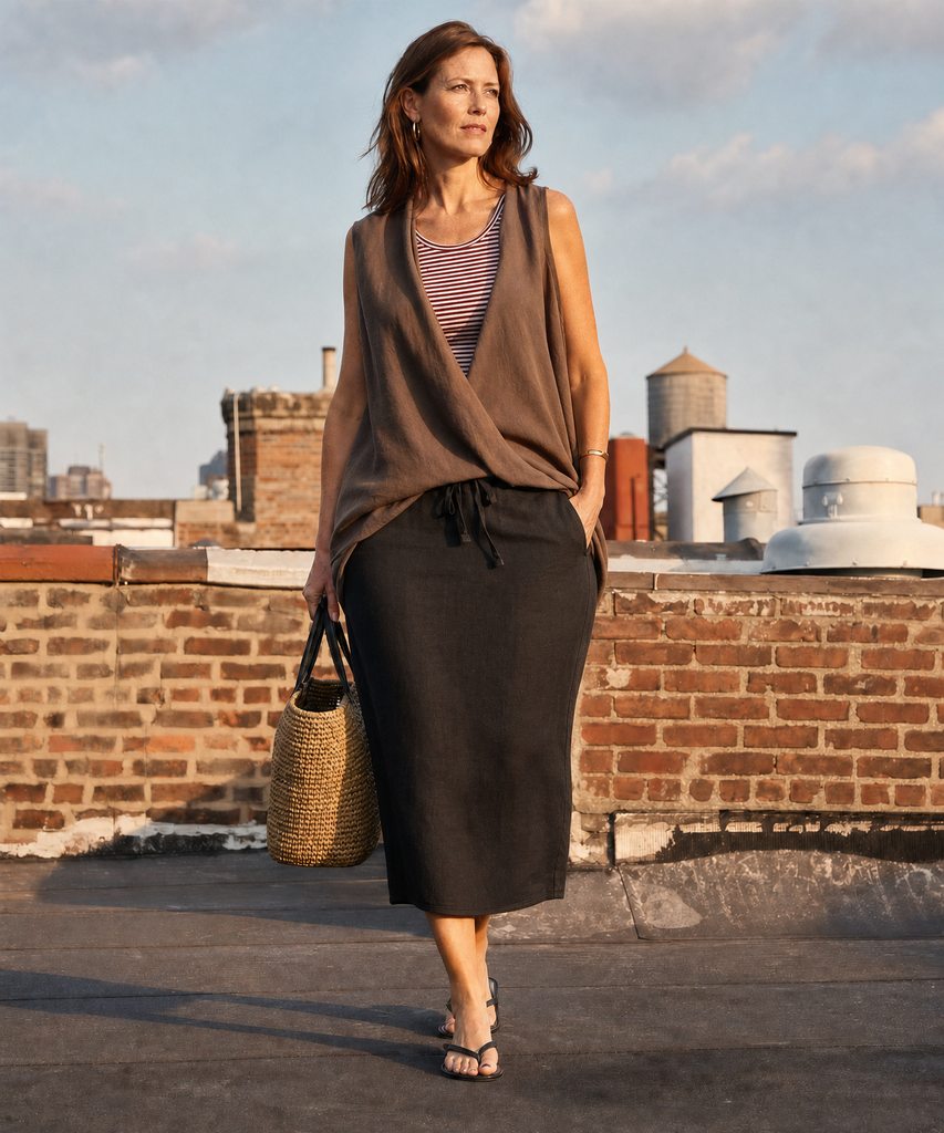 A complete smart casual outfit illustrating the core pear styling principles in one look