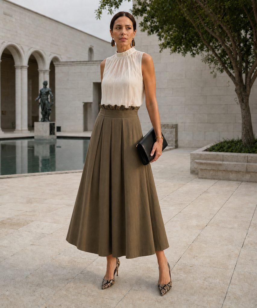 An ivory sleeveless blouse tucked into an olive full pleated midi skirt with pointed heels, showing how a full skirt creates a waist on a rectangle figure