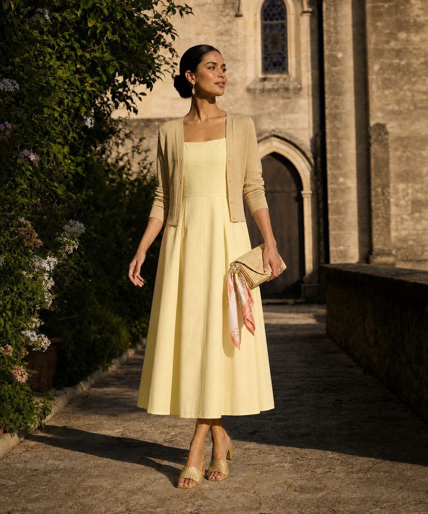 A butter-yellow fit-and-flare midi dress with a square neckline and a cropped cardigan, on a rectangle figure