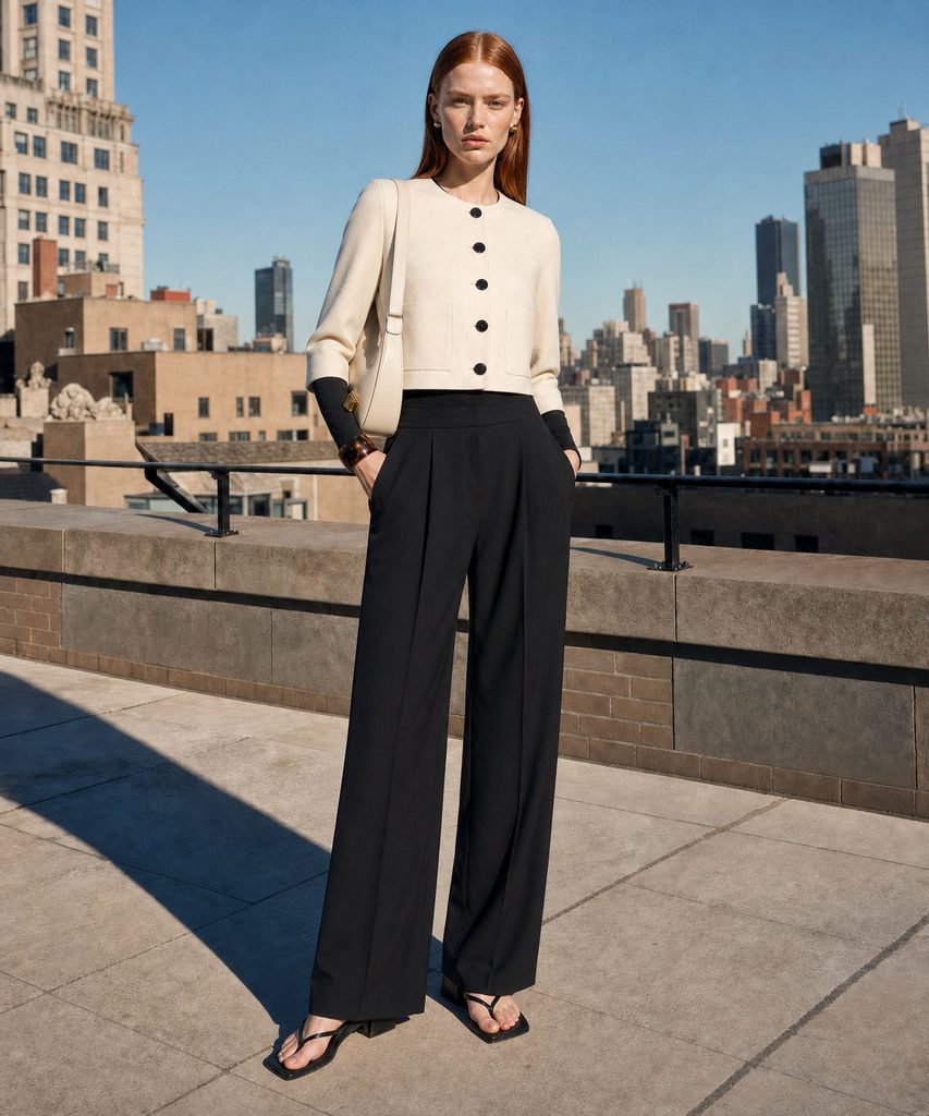 A cream cropped jacket with black buttons tucked into high-waisted black wide-leg trousers, on a rectangle figure in a city setting