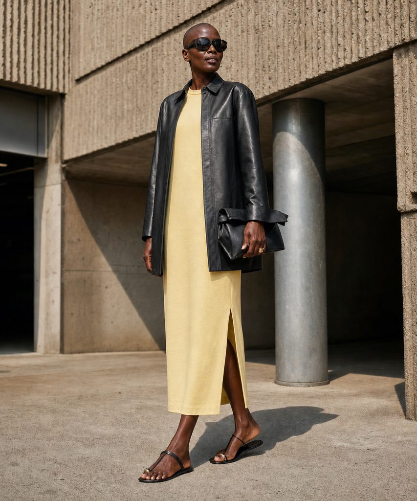 A long butter-yellow column dress with a side slit, worn under an oversized black leather jacket with flat sandals, on a rectangle figure